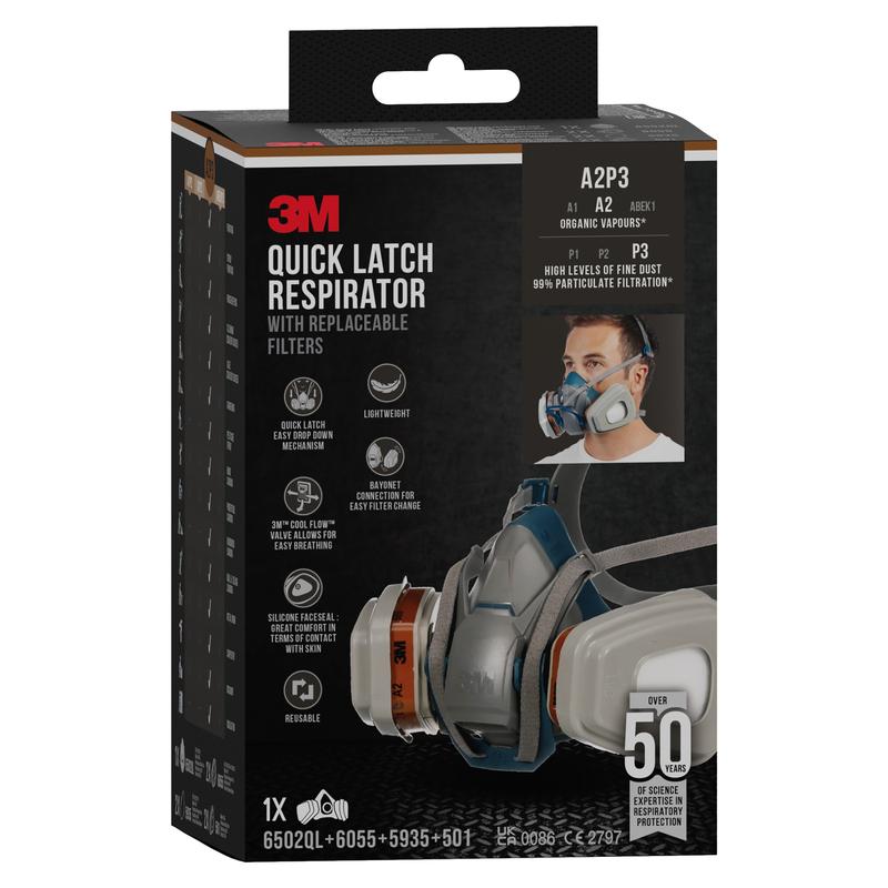 The packaging of the 3M™ Quick Latch Respirator 6502QLKIT-1 (A2P3, organic vapors, replaceable filters) from 3M Deutschland GmbH shows the mask, specifications, and a picture of a person wearing the mask on the front.