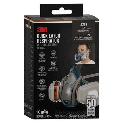 The packaging of the 3M™ Quick Latch Respirator 6502QLKIT-1 (A2P3, organic vapors, replaceable filters) from 3M Deutschland GmbH shows the mask, specifications, and a picture of a person wearing the mask on the front.
