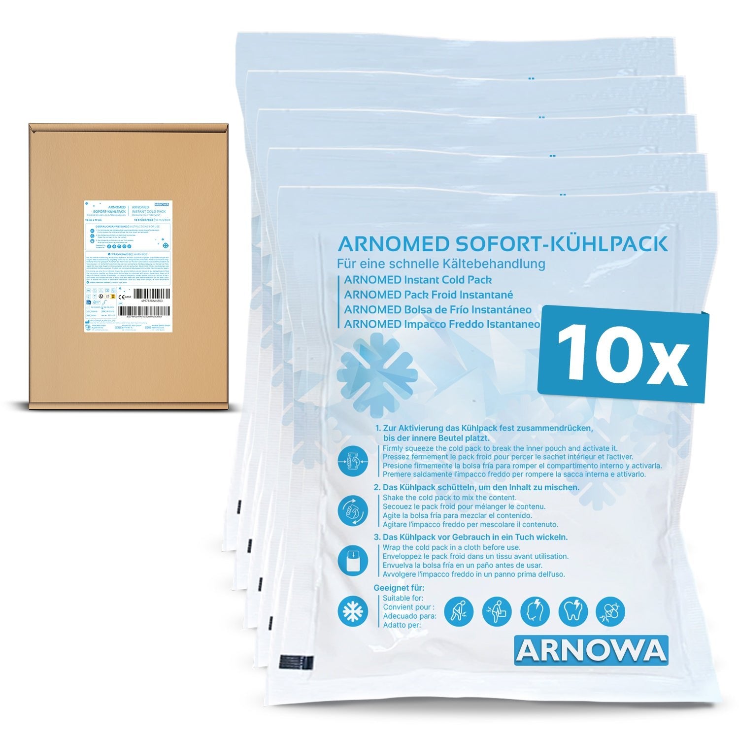 Ten ARNOMED INSTANT COLD COMPRESSES by ARNOWA GmbH are shown in a clear package in front of a box. The packages labeled in Germany with the blue ARNOMED logo offer ready-to-use cold therapy.