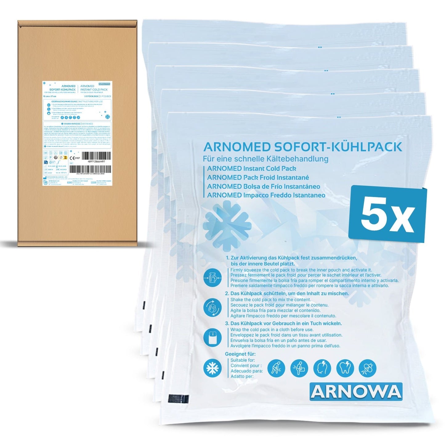 Five ARNOMED INSTANT COLD COMPRESSES by ARNOWA GmbH are depicted in front of their packaging box. The packages have multilingual labels and a blue "5x" for quantity, while the box displays product details and barcodes.