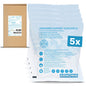 Five ARNOMED INSTANT COLD COMPRESSES by ARNOWA GmbH are depicted in front of their packaging box. The packages have multilingual labels and a blue "5x" for quantity, while the box displays product details and barcodes.