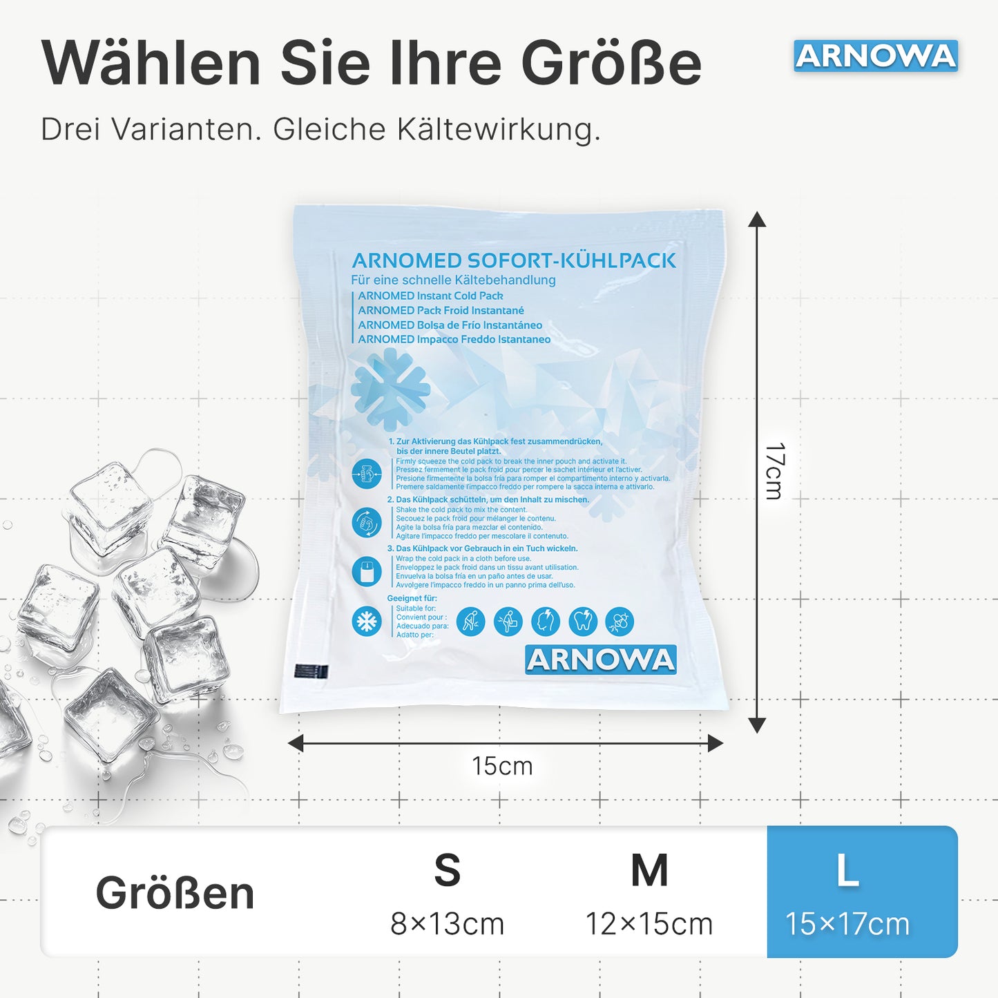A blue-white ARNOMED INSTANT COLD COMPRESS by ARNOWA GmbH (15x17 cm) is depicted on a white background with ice cubes, next to a size chart comparing cold therapy compresses in S, M, and L.