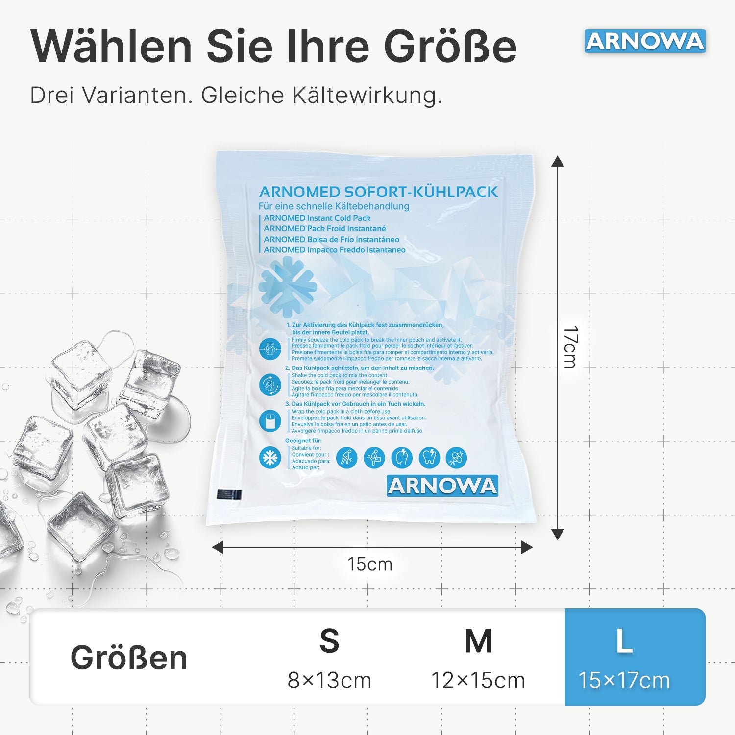 A blue-white ARNOMED INSTANT COLD COMPRESS by ARNOWA GmbH (15x17 cm) is depicted on a white background with ice cubes, next to a size chart comparing cold therapy compresses in S, M, and L.