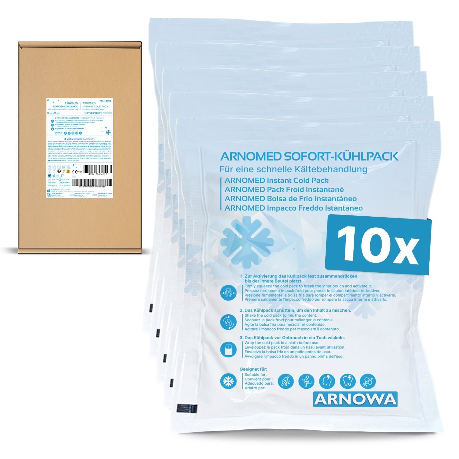 Ten ARNOMED INSTANT COLD COMPRESSES by ARNOWA GmbH in transparent disposable packaging with multilingual instructions stand in front of a brown shipping box - ready-to-use cold packs for immediate cold therapy.