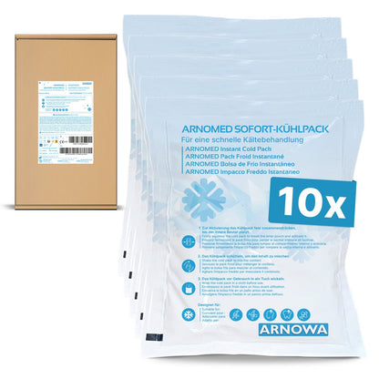 Ten ARNOMED INSTANT COLD COMPRESSES by ARNOWA GmbH in transparent disposable packaging with multilingual instructions stand in front of a brown shipping box - ready-to-use cold packs for immediate cold therapy.