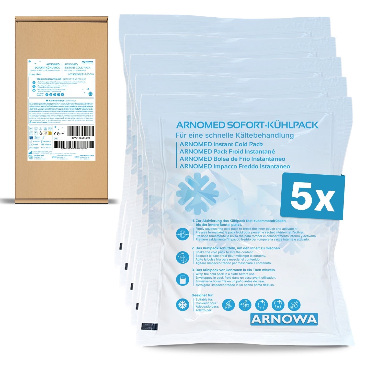 Five ARNOMED INSTANT COLD COMPRESSES by ARNOWA GmbH in clear plastic packaging, displayed in front of a box with multilingual info. A blue "5x" symbol highlights the quantity for effective cold therapy.