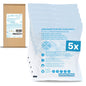 Five ARNOMED INSTANT COLD COMPRESSES by ARNOWA GmbH in clear plastic packaging, displayed in front of a box with multilingual info. A blue "5x" symbol highlights the quantity for effective cold therapy.