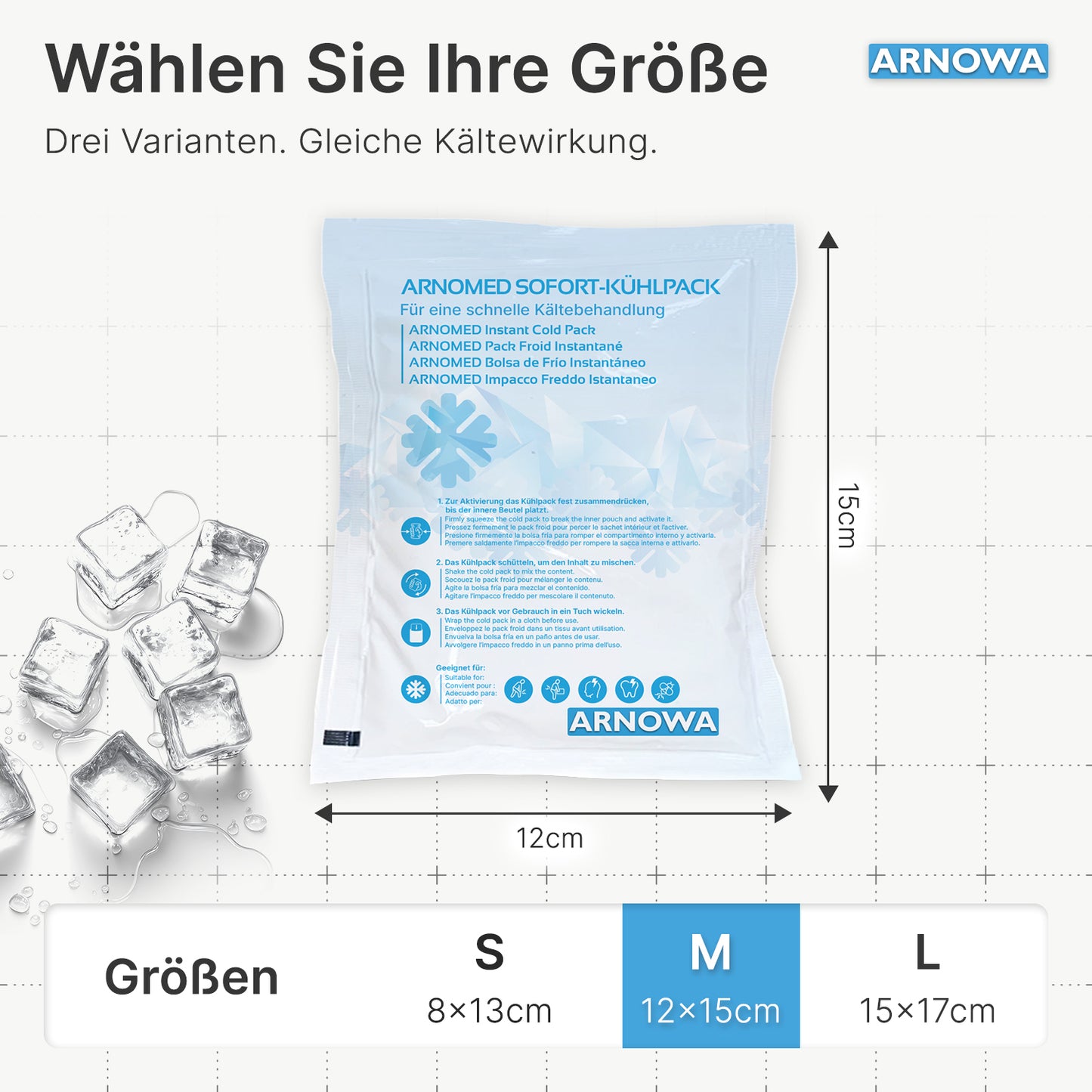 A blue-white ARNOMED INSTANT COLD COMPRESS by ARNOWA GmbH is shown next to melting ice cubes. Depicted are sizes S (8x13 cm), M (12x15 cm), and L (15x17 cm), with the medium cold compress highlighted.