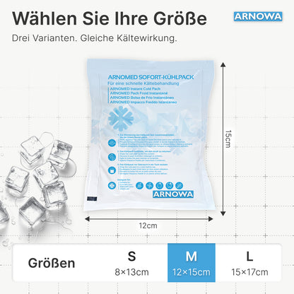 A blue-white ARNOMED INSTANT COLD COMPRESS by ARNOWA GmbH is shown next to melting ice cubes. Depicted are sizes S (8x13 cm), M (12x15 cm), and L (15x17 cm), with the medium cold compress highlighted.