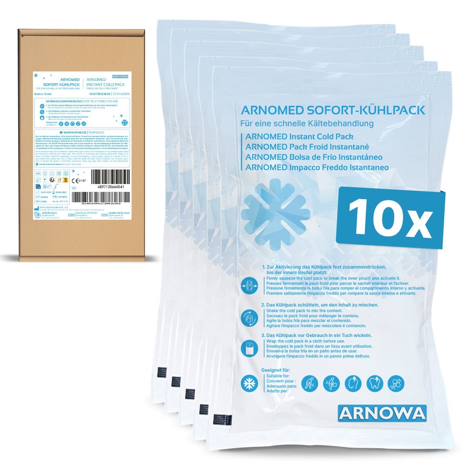 Five ARNOMED INSTANT COLD COMPRESSES by ARNOWA GmbH with the inscription "10x" lie in front of a brown box. Each package is marked on the front with blue writing and symbols indicating they are ready-to-use cold compresses.