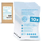 Five ARNOMED INSTANT COLD COMPRESSES by ARNOWA GmbH with the inscription "10x" lie in front of a brown box. Each package is marked on the front with blue writing and symbols indicating they are ready-to-use cold compresses.