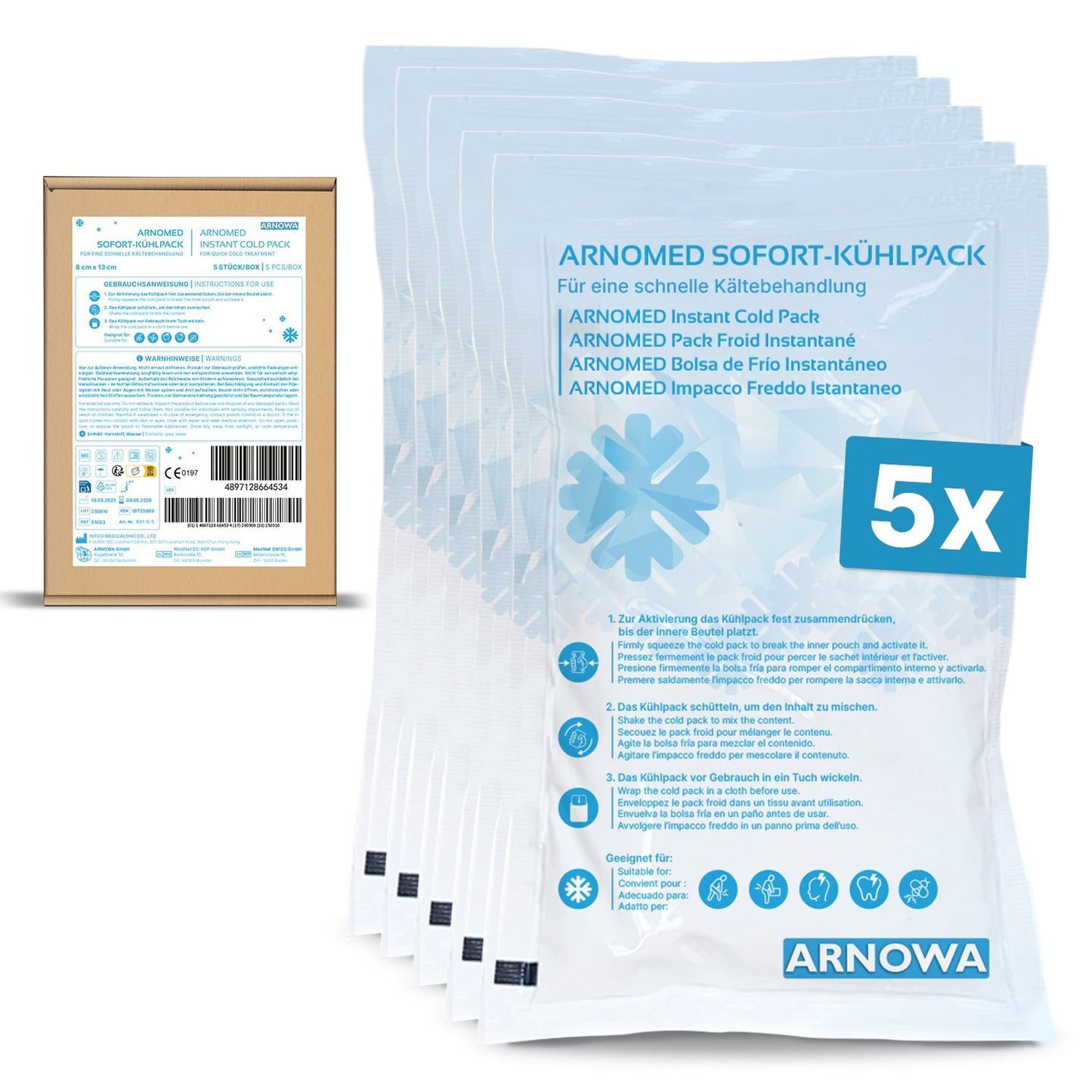 Five ARNOMED INSTANT COLD COMPRESSES by ARNOWA GmbH are fanned out in clear packaging with multilingual instructions next to the box, which contains product details, a barcode, and a "5x" quantity marking.