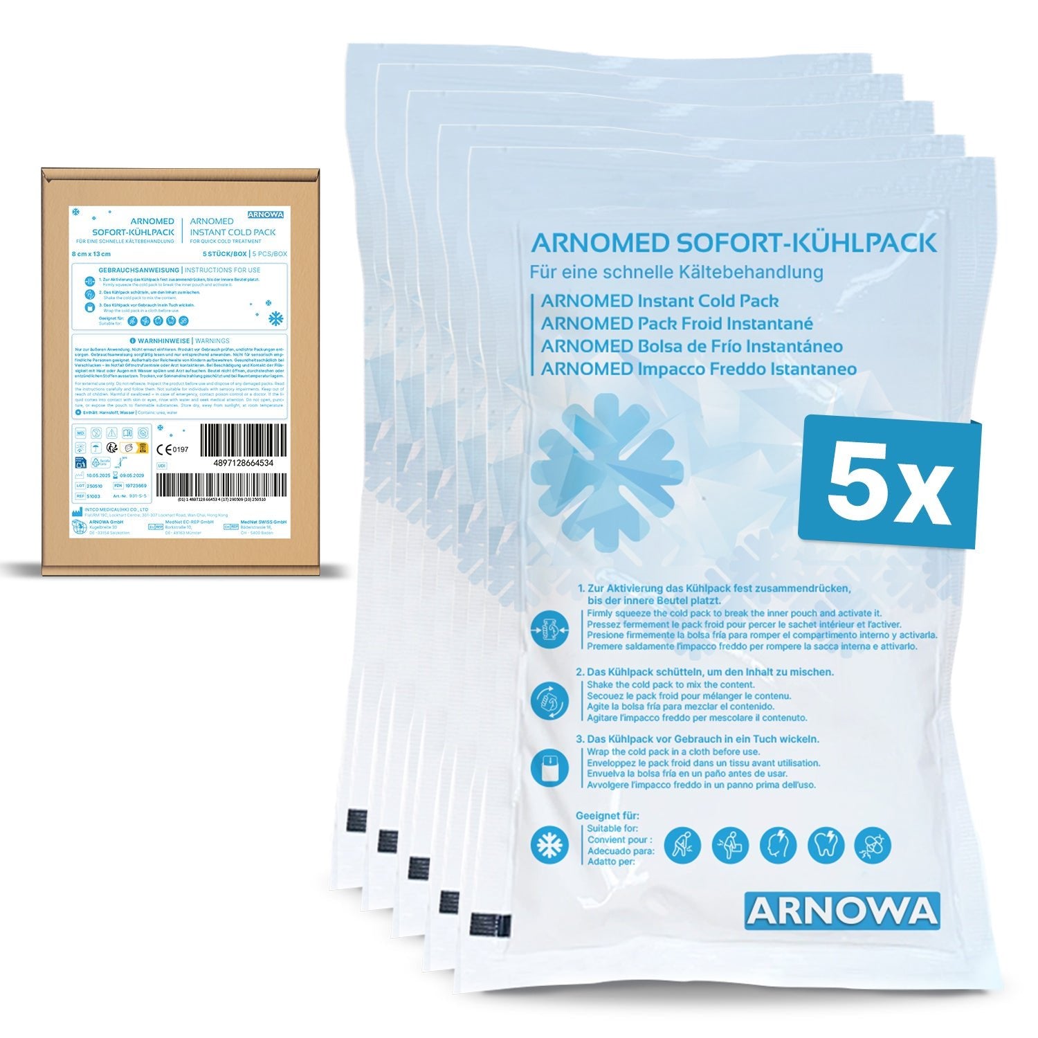 Five ARNOMED INSTANT COLD COMPRESSES by ARNOWA GmbH are fanned out in clear packaging with multilingual instructions next to the box, which contains product details, a barcode, and a "5x" quantity marking.