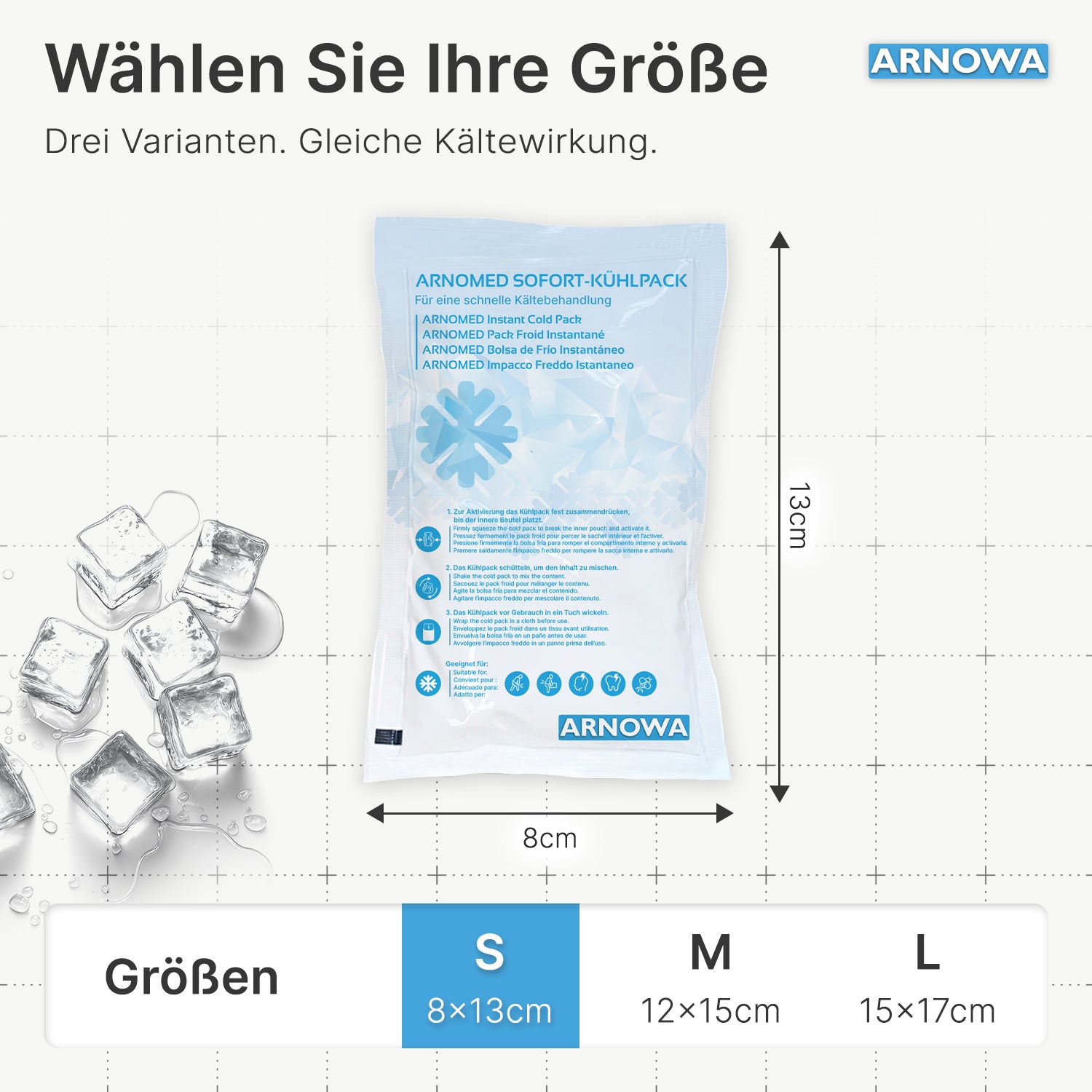 At the center lies an ARNOMED INSTANT COLD COMPRESS (8x13 cm) by ARNOWA GmbH, flanked by ice cubes. Above it says: "Choose your size - Three variants, same cold effect." Below, sizes S, M, and L are depicted.