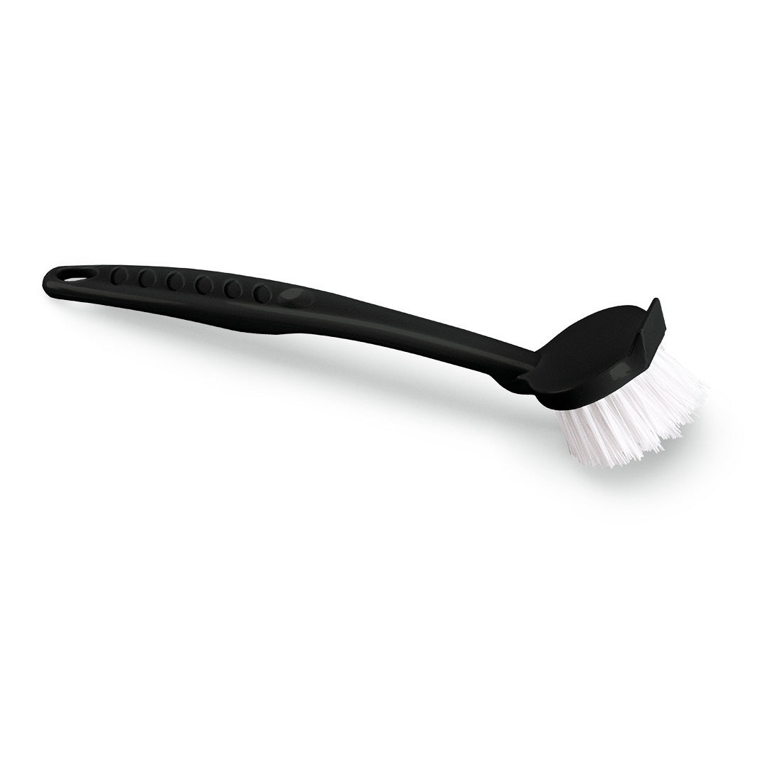 The Nölle Profi-Brush Dish Brush round, large has a black handle made of environmentally friendly regranulate with indented handles and outwardly angled white bristles. Pictured on a solid white background. 1 piece. Brand: Nölle Profi Brush Brush & Brush Technology e.K.