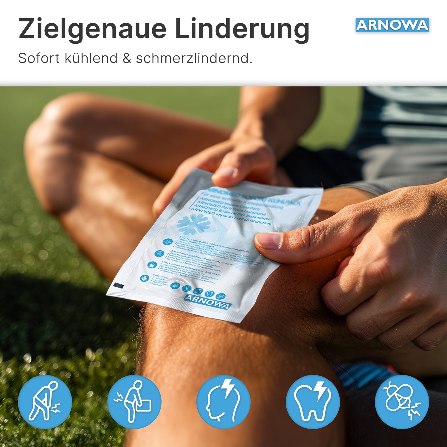 A person sits in the grass using an ARNOMED INSTANT COLD COMPRESS by ARNOWA GmbH on their knee. Packaging symbols show relief for injuries; the German text highlights targeted cold therapy for immediate, effective comfort.