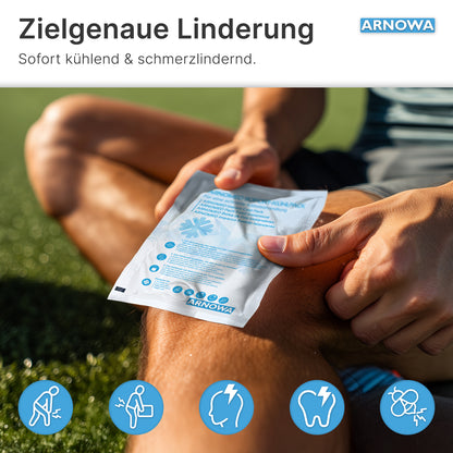 A person sits in the grass using an ARNOMED INSTANT COLD COMPRESS by ARNOWA GmbH on their knee. Packaging symbols show relief for injuries; the German text highlights targeted cold therapy for immediate, effective comfort.