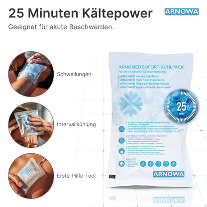 The ARNOMED INSTANT COLD COMPRESS by ARNOWA GmbH is shown in its packaging with German text about swelling, interval cooling, and first aid. Three images show hands applying the cold pack to various body parts.
