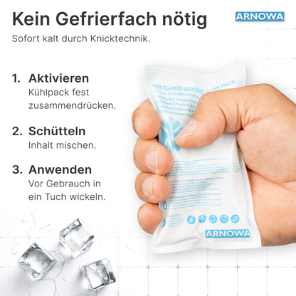 A hand presses a white ARNOMED INSTANT COLD COMPRESS by ARNOWA GmbH next to a German activation and usage instruction, with ice cubes and a towel illustration for application in cold therapy at the bottom.