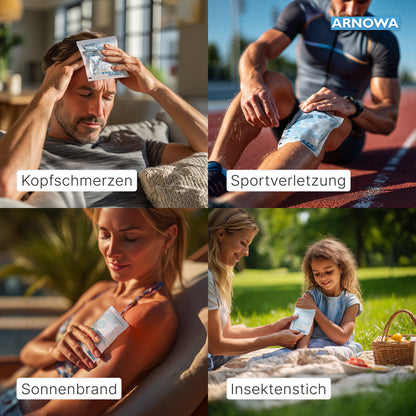 Four images show people using ARNOMED INSTANT COLD COMPRESS instant cold packs by ARNOWA GmbH for headaches, sports injuries, sunburn, and insect bites - each labeled in German.