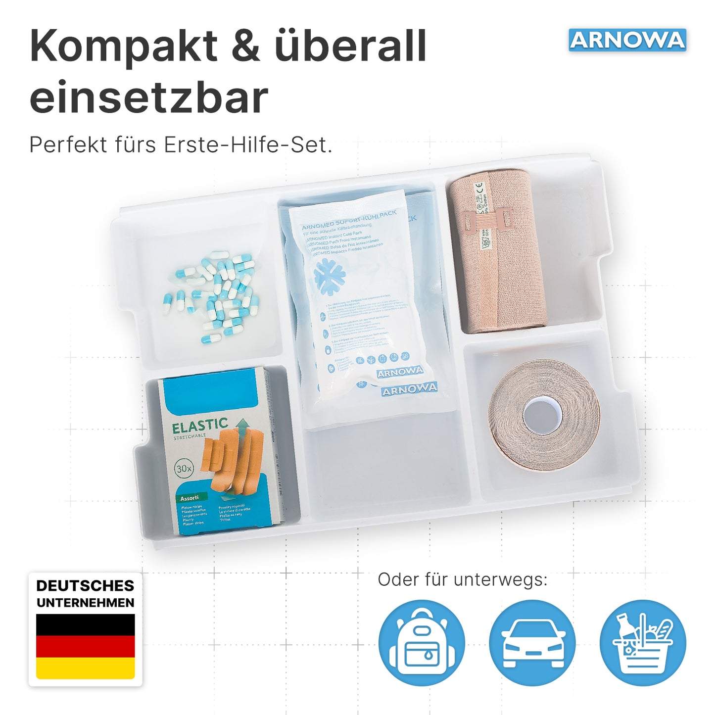 The ARNOMED INSTANT COLD COMPRESS by ARNOWA GmbH is a compact, white first aid kit with capsule compartments, alcohol swabs, elastic bandages, tape, plasters, and instant cool packs. The German text emphasizes versatility, the logo shows the German flag.