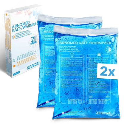 Two blue ARNOMED COLD-/HOTPACK Reusable Cold-/Hot Compresses by ARNOWA GmbH are depicted before their packaging, which contains product information and a "2x" symbol - ideal for pain relief.