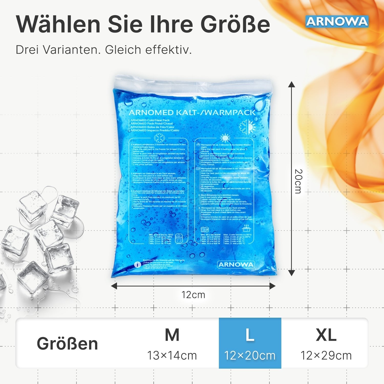 A blue ARNOMED COLD-/HOTPACK by ARNOWA GmbH (12x20 cm) is centered, with size options M (13x14 cm), L, and XL below. Ice cubes and warm orange graphics emphasize effective pain relief.
