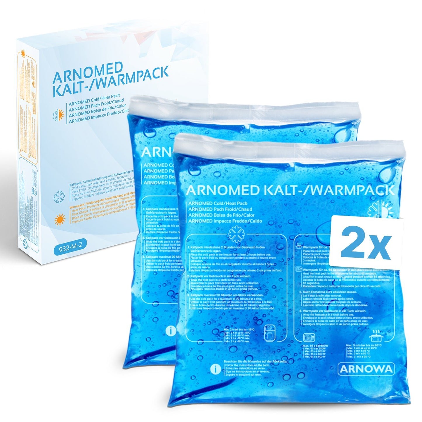 Two blue ARNOMED COLD-/HOTPACK Reusable Cold-/Hot Compresses by ARNOWA GmbH stand before their packaging with multilingual product information. These gel packs help with pain relief through hot-/cold application.