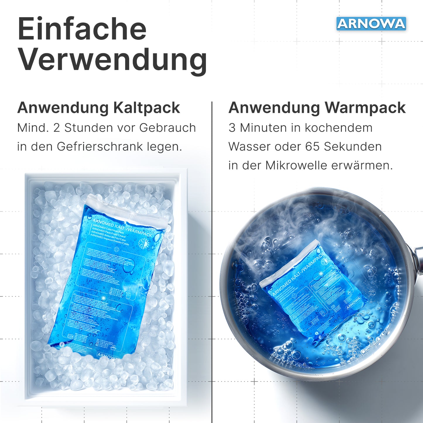 The ARNOMED COLD-/HOTPACK by ARNOWA GmbH is cooled in an ice bath on the left and warmed in hot water on the right; above the images are German usage instructions for pain relief.
