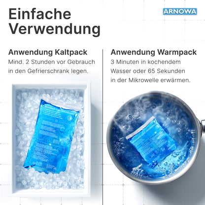 The ARNOMED COLD-/HOTPACK by ARNOWA GmbH is cooled in an ice bath on the left and warmed in hot water on the right; above the images are German usage instructions for pain relief.
