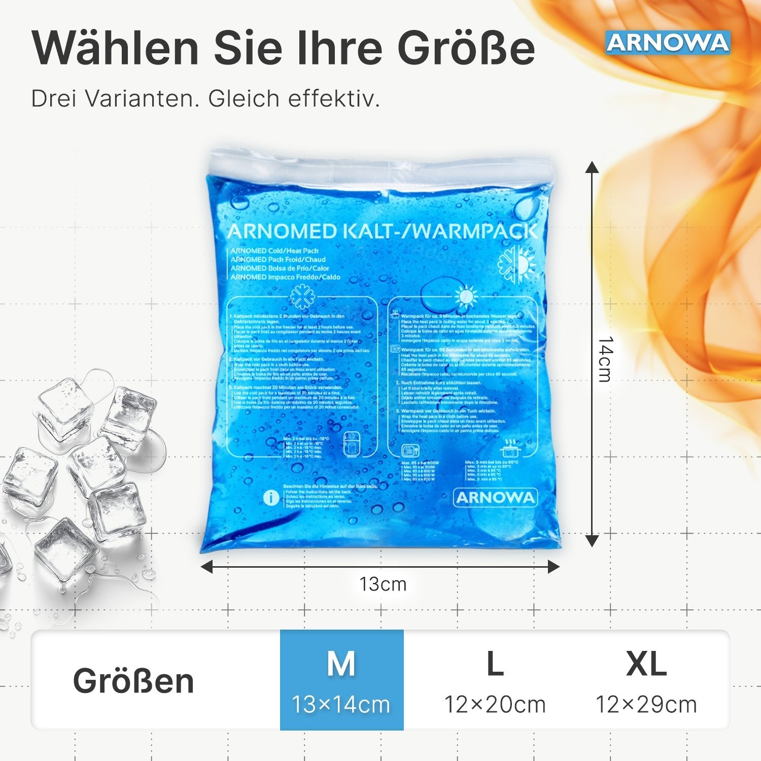A blue ARNOMED COLD-/HOTPACK Reusable Cold-/Hot Compresses (13 x 14 cm) by ARNOWA GmbH is depicted on a grid, with German text, ice cubes, orange swirls, and three size options for pain relief.