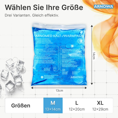 A blue ARNOMED COLD-/HOTPACK Reusable Cold-/Hot Compresses (13 x 14 cm) by ARNOWA GmbH is depicted on a grid, with German text, ice cubes, orange swirls, and three size options for pain relief.