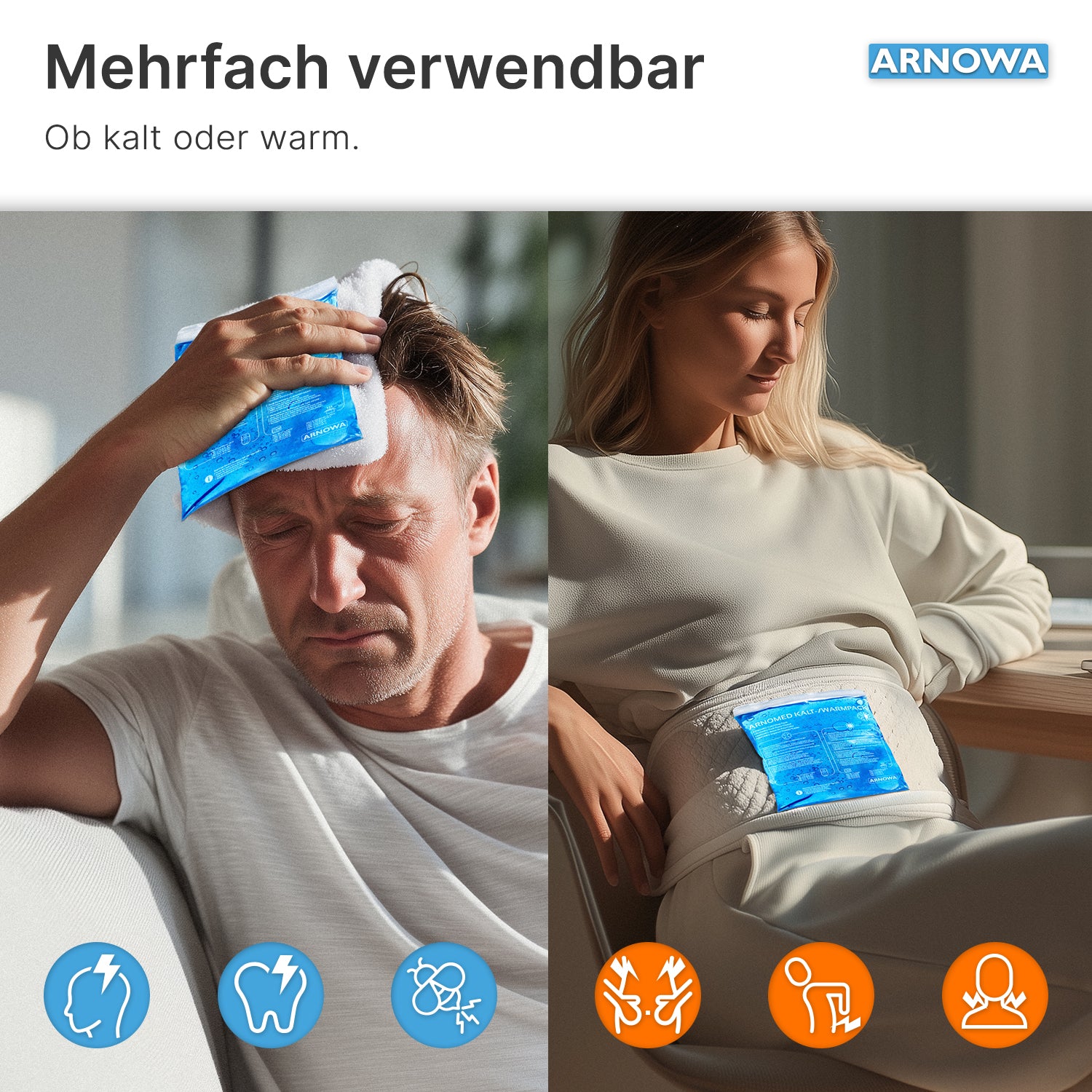 Split image: On the left, a man holds the ARNOMED COLD-/HOTPACK by ARNOWA GmbH to his forehead. On the right, a woman places it on her abdomen. Icons show versatile use for pain. The texts are in German.
