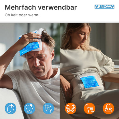 Split image: On the left, a man holds the ARNOMED COLD-/HOTPACK by ARNOWA GmbH to his forehead. On the right, a woman places it on her abdomen. Icons show versatile use for pain. The texts are in German.