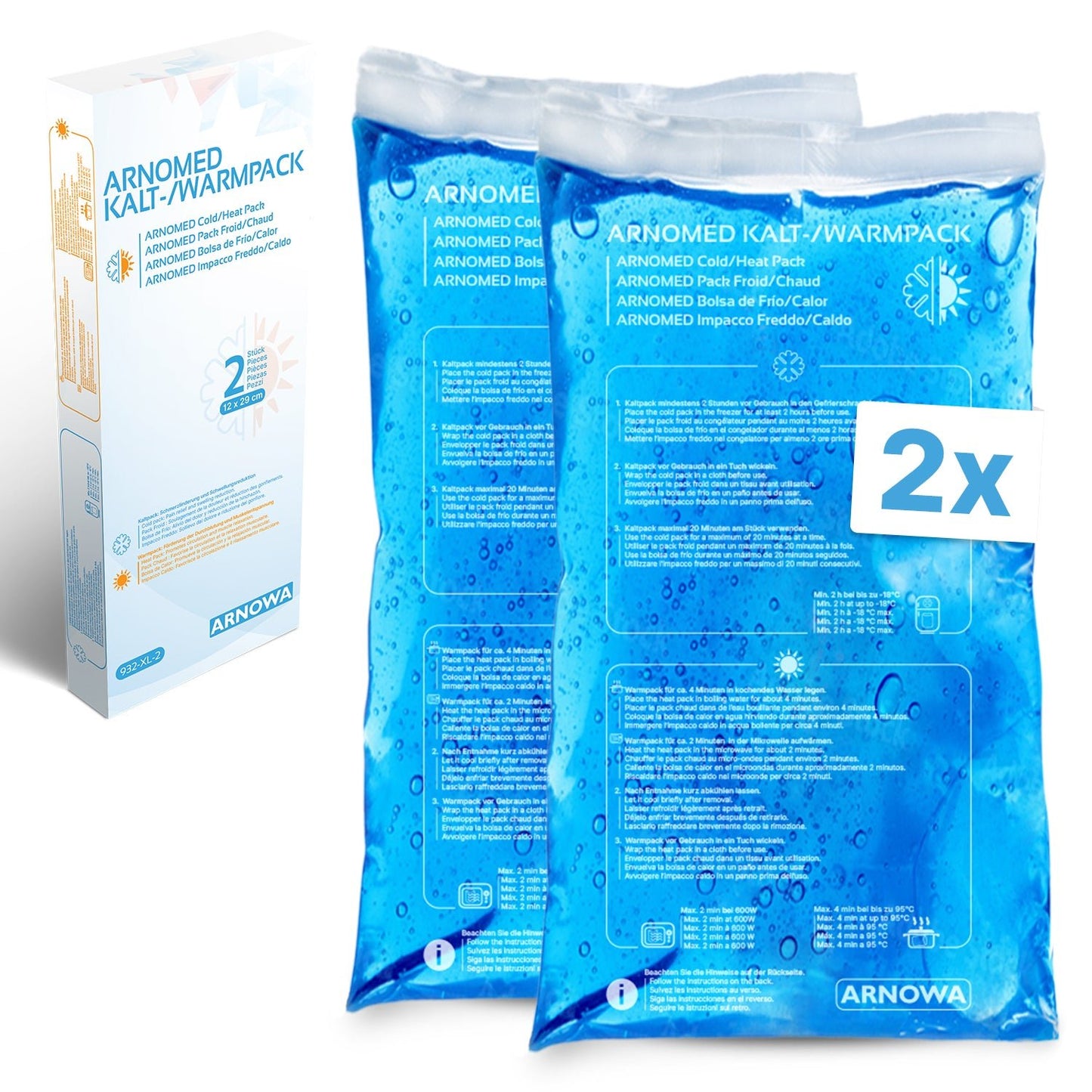 Two ARNOMED COLD-/HOTPACK Reusable Cold-/Hot Compresses by ARNOWA GmbH made of blue gel with bubbles, delivered in the white-blue box - ideal for pain relief. A "2x" symbol indicates the package contents.