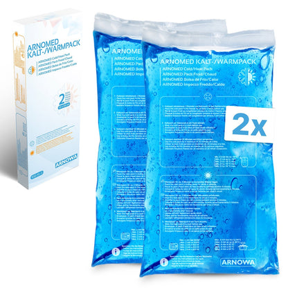 Two ARNOMED COLD-/HOTPACK Reusable Cold-/Hot Compresses by ARNOWA GmbH made of blue gel with bubbles, delivered in the white-blue box - ideal for pain relief. A "2x" symbol indicates the package contents.