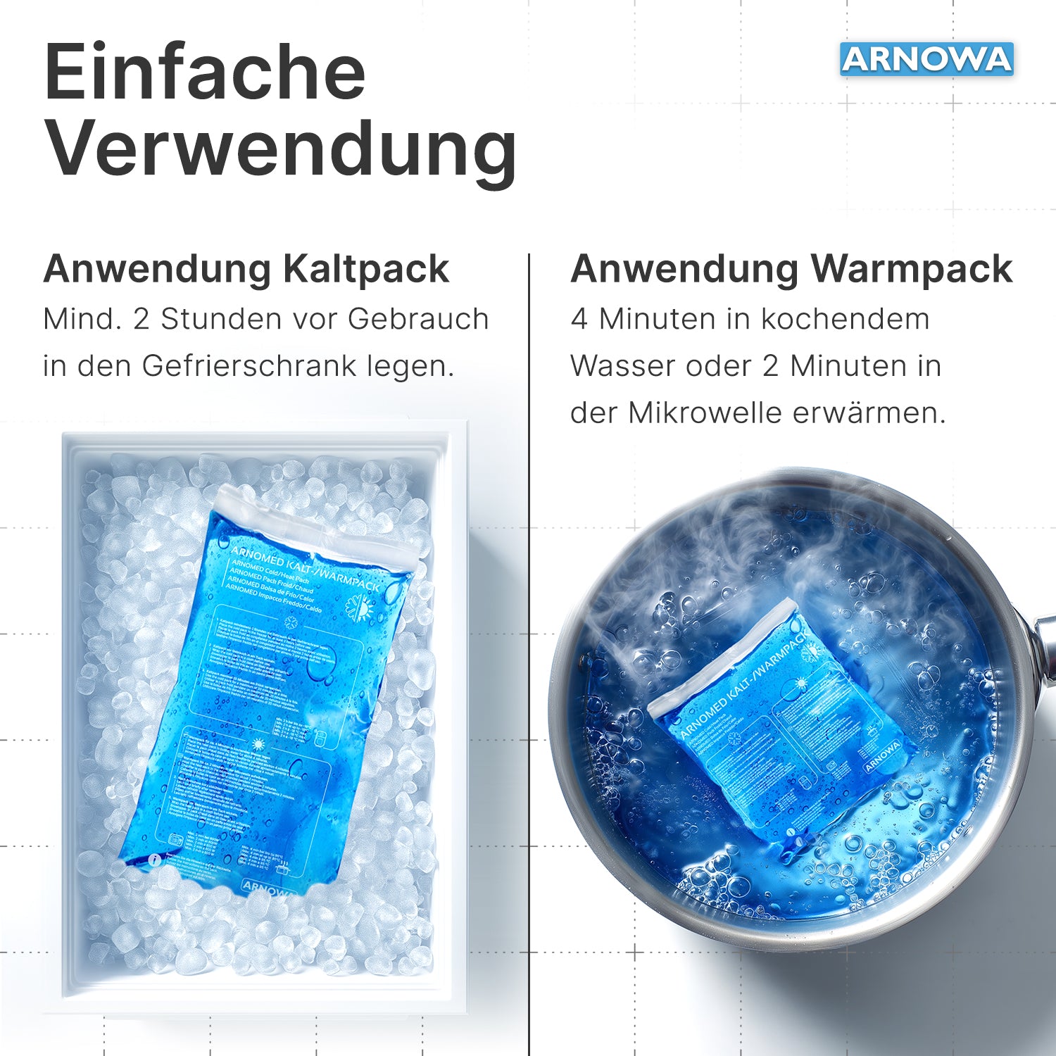 An ARNOMED COLD-/HOTPACK by ARNOWA GmbH cools in an ice cube tray, another is heated in a pot - ideal for flexible cold and heat application. The blue ARNOWA logo is visible at the top right.