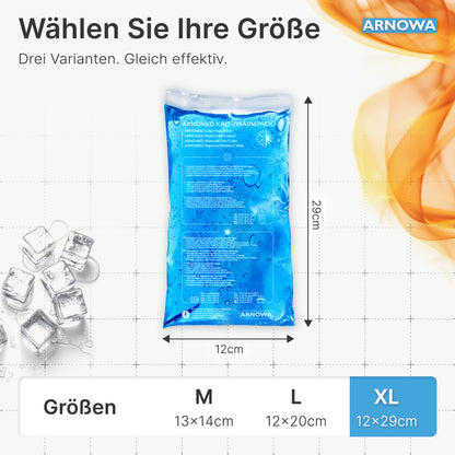 In the center is an ARNOMED COLD-/HOTPACK by ARNOWA GmbH (12 x 29 cm, blue) with sizes M, L, and XL below. On the left are ice cubes, on the right orange and yellow shapes - perfect for reusable pain relief.