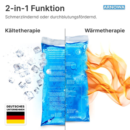 The ARNOMED COLD-/HOTPACK by ARNOWA GmbH is split in the middle: ice cubes on the left for cold therapy, flames on the right for heat therapy. Reusable with German labeling and flag.