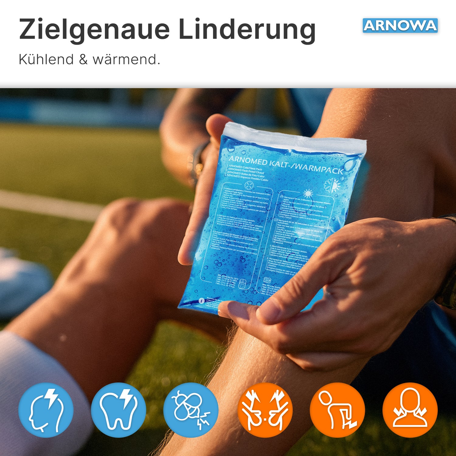 Outdoors, a person holds a blue ARNOMED COLD-/HOTPACK Compress by ARNOWA GmbH to their knee. German texts and icons show that the reusable compress helps with pain and injuries.