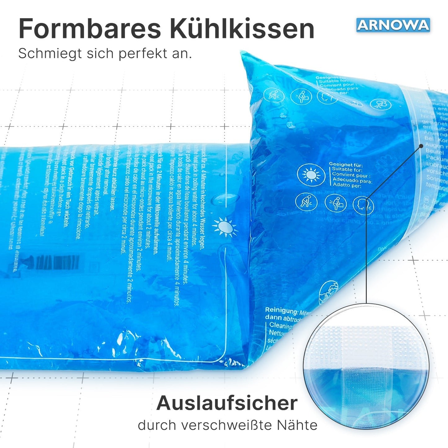 A blue, flexible ARNOMED COLD-/HOTPACK Reusable Cold-/Hot Compresses by ARNOWA GmbH on a white grid background. The close-up shows the leak-proof seam and the note on multiple uses for pain.