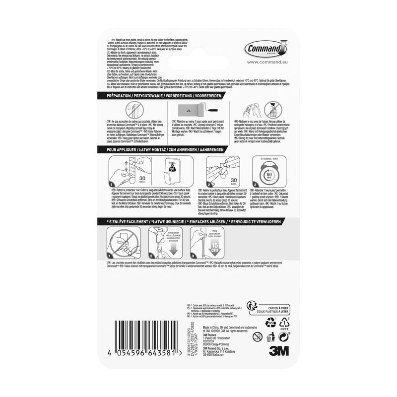 Backside of a Command™ Metal Hook Size S, gold color (4 hooks, 5 strips) package from 3M Deutschland GmbH with illustrated instructions, multilingual safety information, product details, barcodes - perfect for your adhesive hook needs.