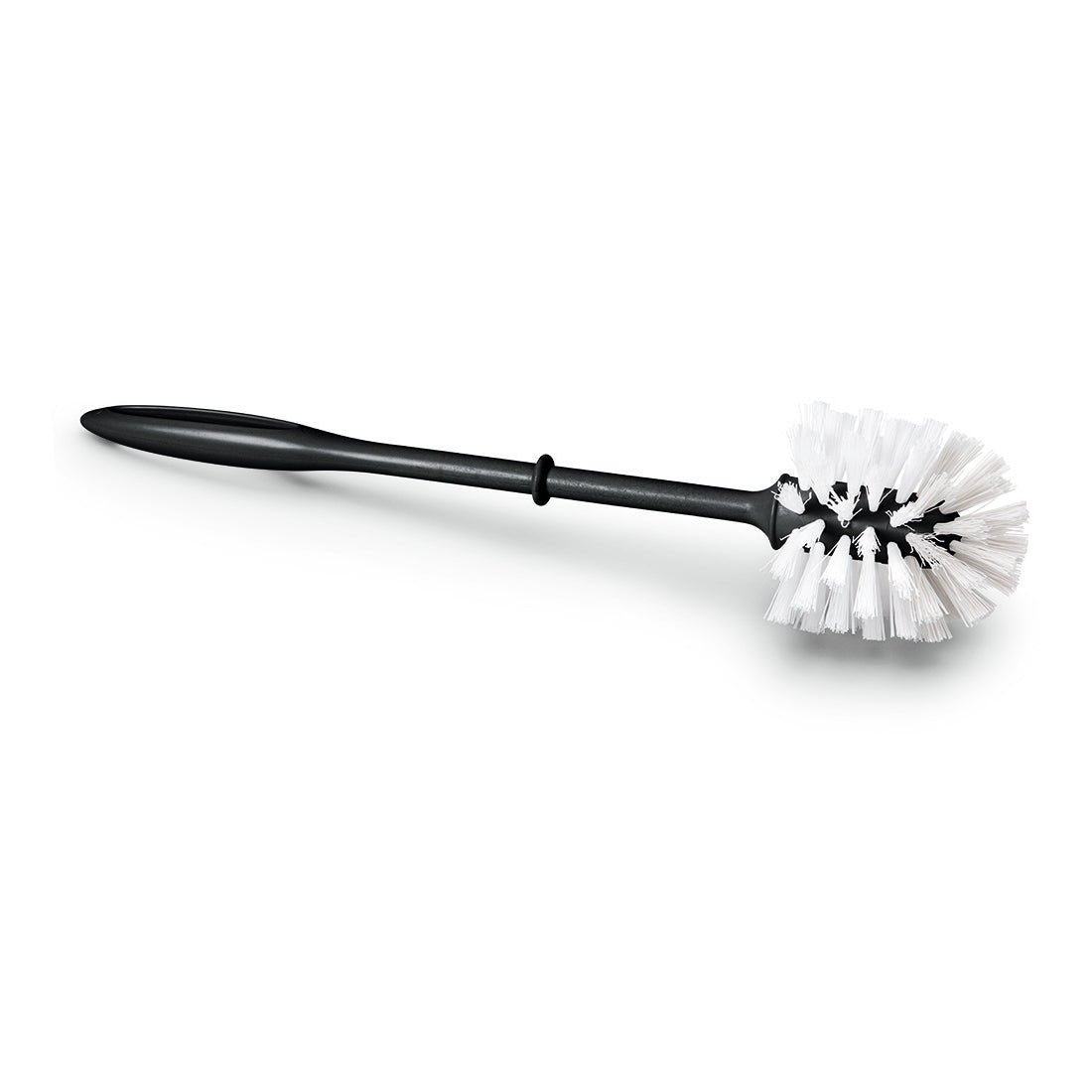 The Nölle Profi Brush toilet brush made from regranulate, black handle with white bristles, by Nölle Profi Brush Bürsten- & Pinseltechnik e.K., is durable, effective, and environmentally friendly. Pictured on a white background.