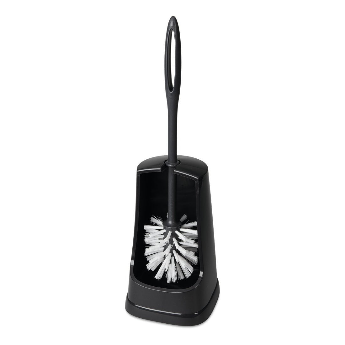 The Nölle Profi Brush toilet set, stand form, unassembled from regranulate (1 piece) by Nölle Profi Brush Bürsten- & Pinseltechnik e.K. features a black holder and a brush with white bristles, perfect for effective toilet cleaning.