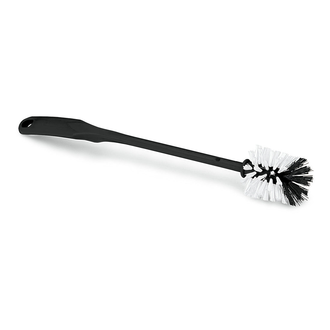 The Nölle Profi Brush urinal brush made from regranulate by Nölle Profi Brush Bürsten- & Pinseltechnik e.K. features a long black handle and a round head with white and black bristles, depicted against a plain white background.