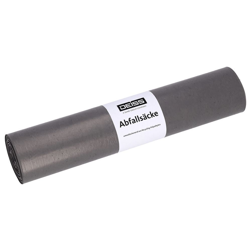 Pictured is a roll of EMIL DEISS KG (GmbH + Co.) garbage bags, DEISS 94020 - 550x650 mm Type 60 gray | Roll (25 pieces), with a white "garbage bags" label, on a solid light background.