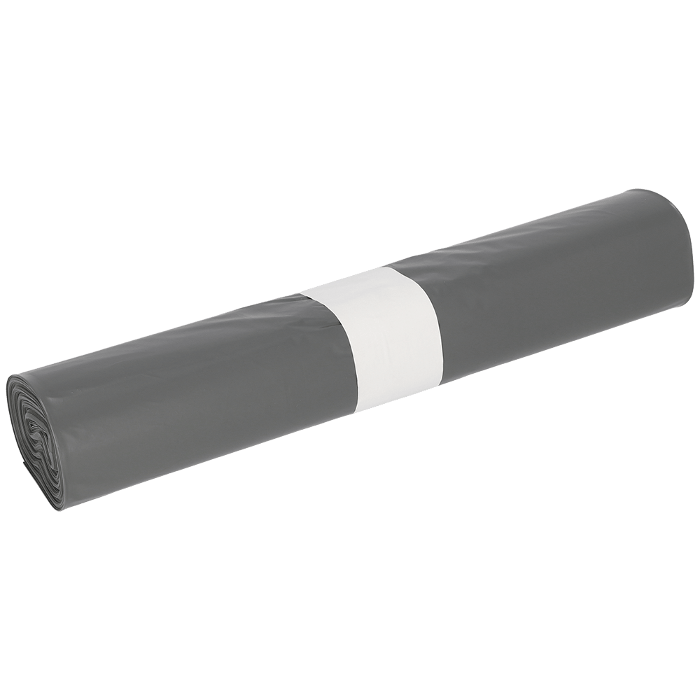 A roll of DEISS 94028 garbage bags (600x800x0.05 mm, gray, 25 pieces) from EMIL DEISS KG is secured with a white paper band and depicted against a simple light background.