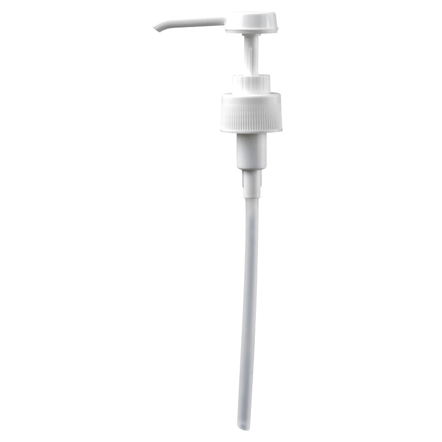 The Dr. Schnell dosing aid dispenser from DR.SCHNELL GmbH & Co. KGaA is a white plastic pump with a long straw, ribbed collar, and flat spout - ideal for dosing cleaning agents, soap, or lotion from bottles.