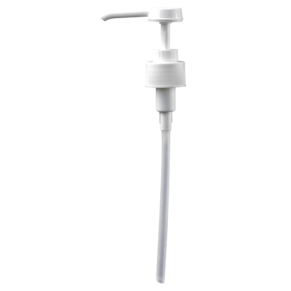 The Dr. Schnell dosing aid dispenser from DR.SCHNELL GmbH & Co. KGaA is a white plastic pump with a long straw, ribbed collar, and flat spout - ideal for dosing cleaning agents, soap, or lotion from bottles.