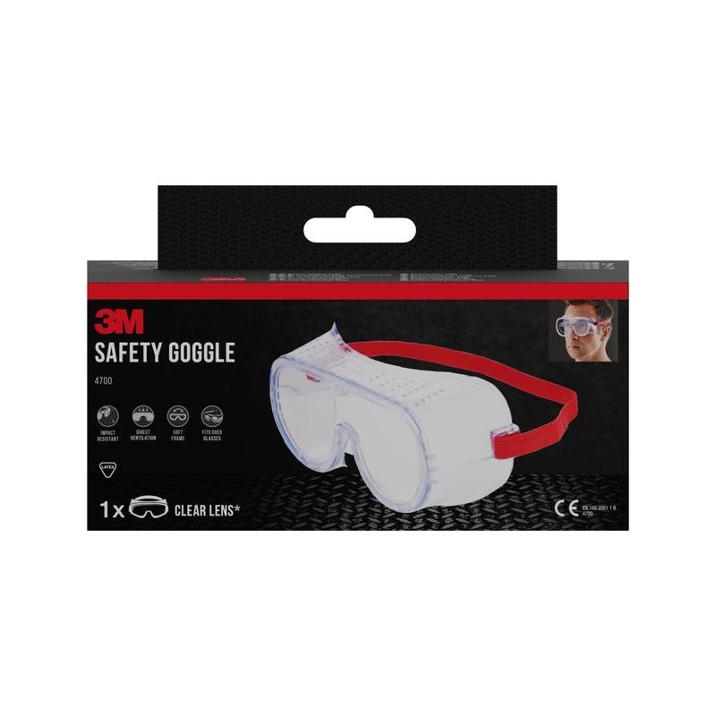 A box of 3M™ Classic Safety Glasses 4700 from 3M Deutschland GmbH, directly ventilated with a clear lens and red band. In the upper right corner, safety symbols and the image of a person wearing eye protection appear.